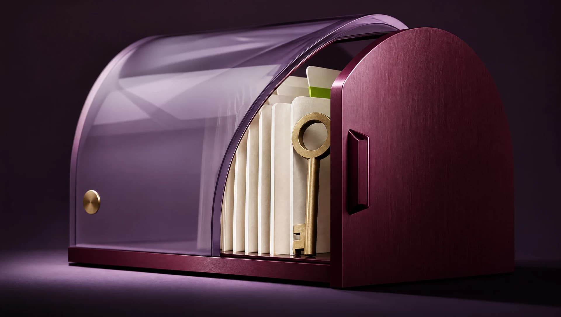 Illustration of a burgundy glass vault with papers and a key.