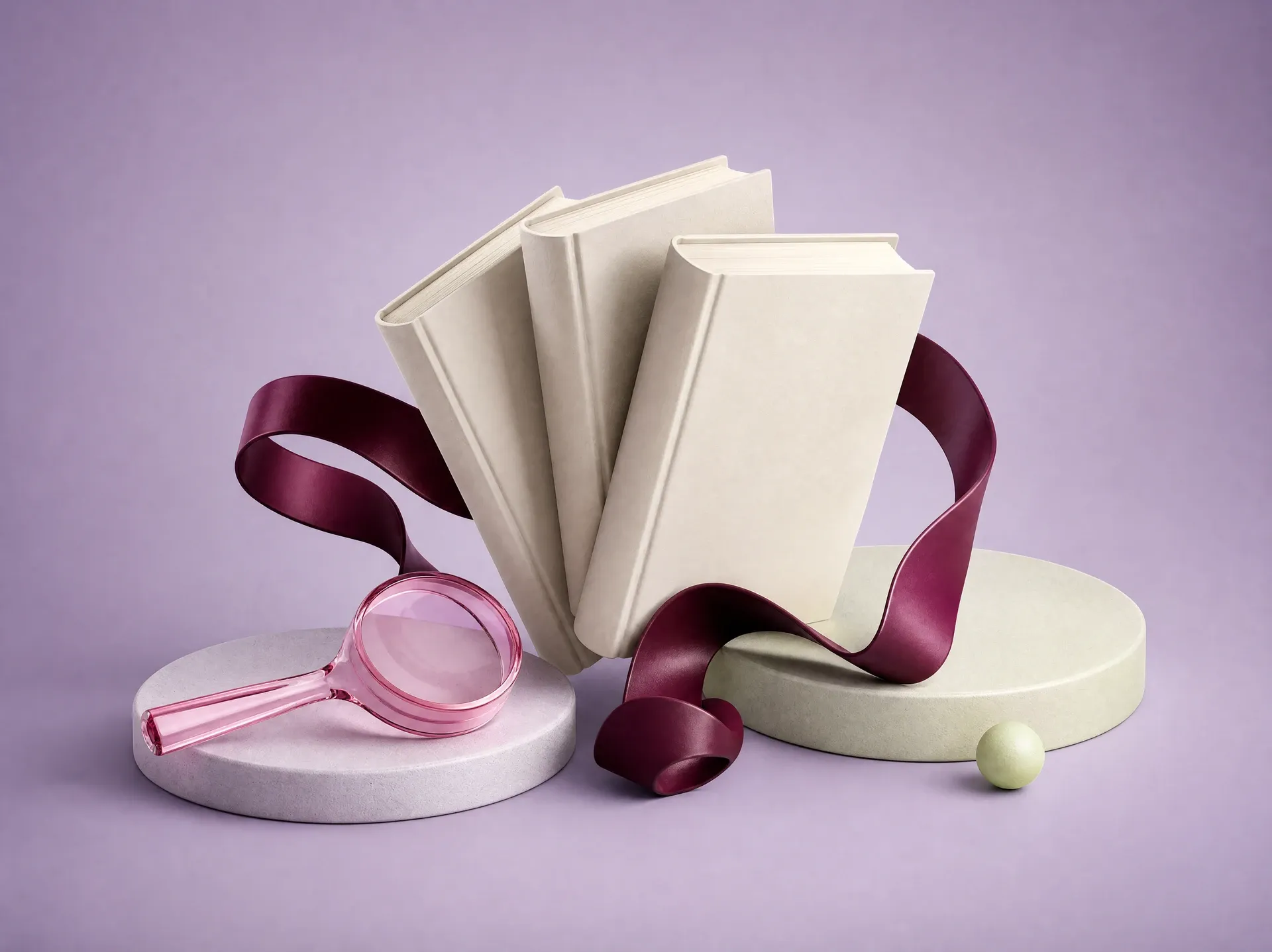 Pale books and a pink magnifying glass with a burgundy ribbon.