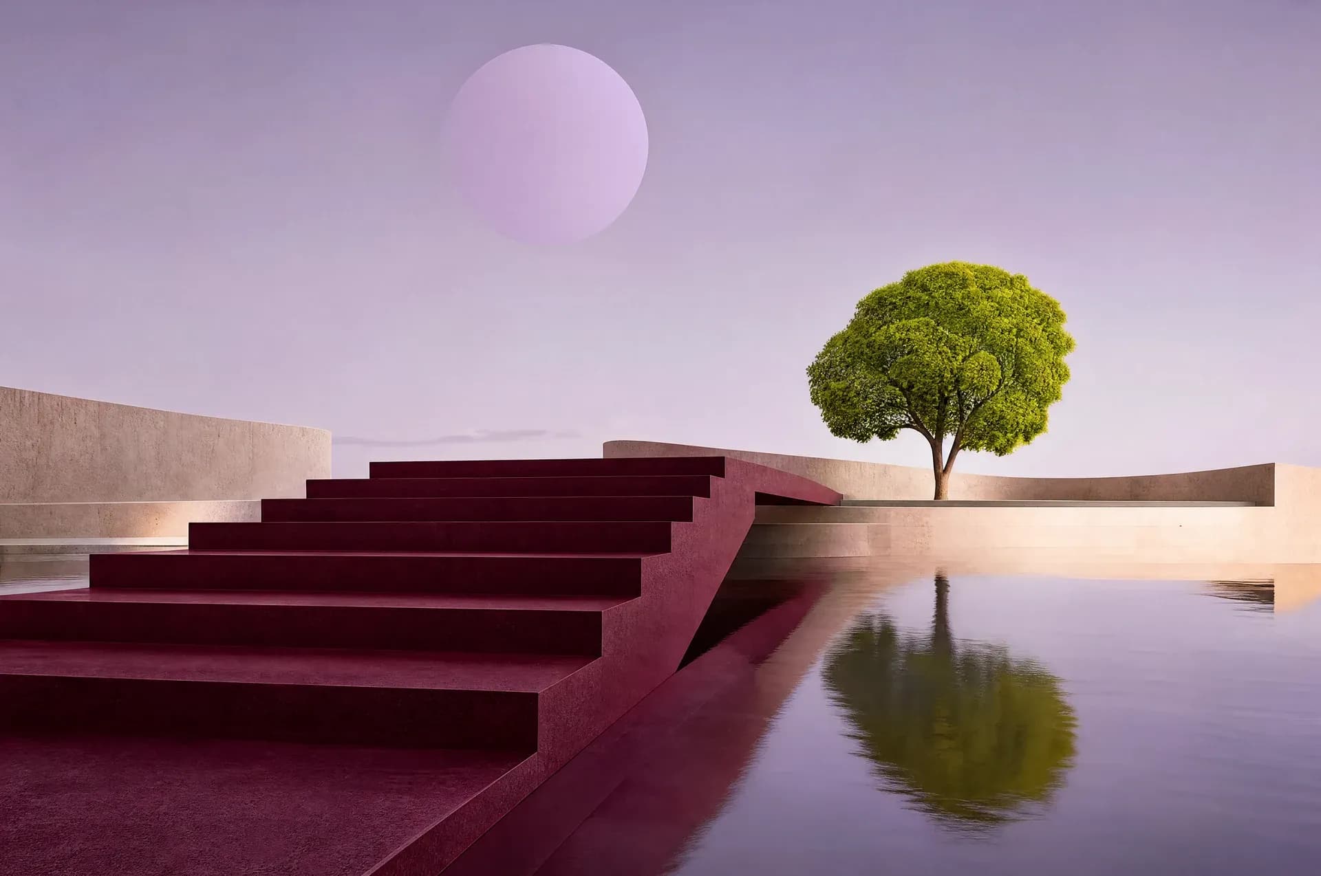 Burgundy steps cross a calm reflective surface toward a green tree.